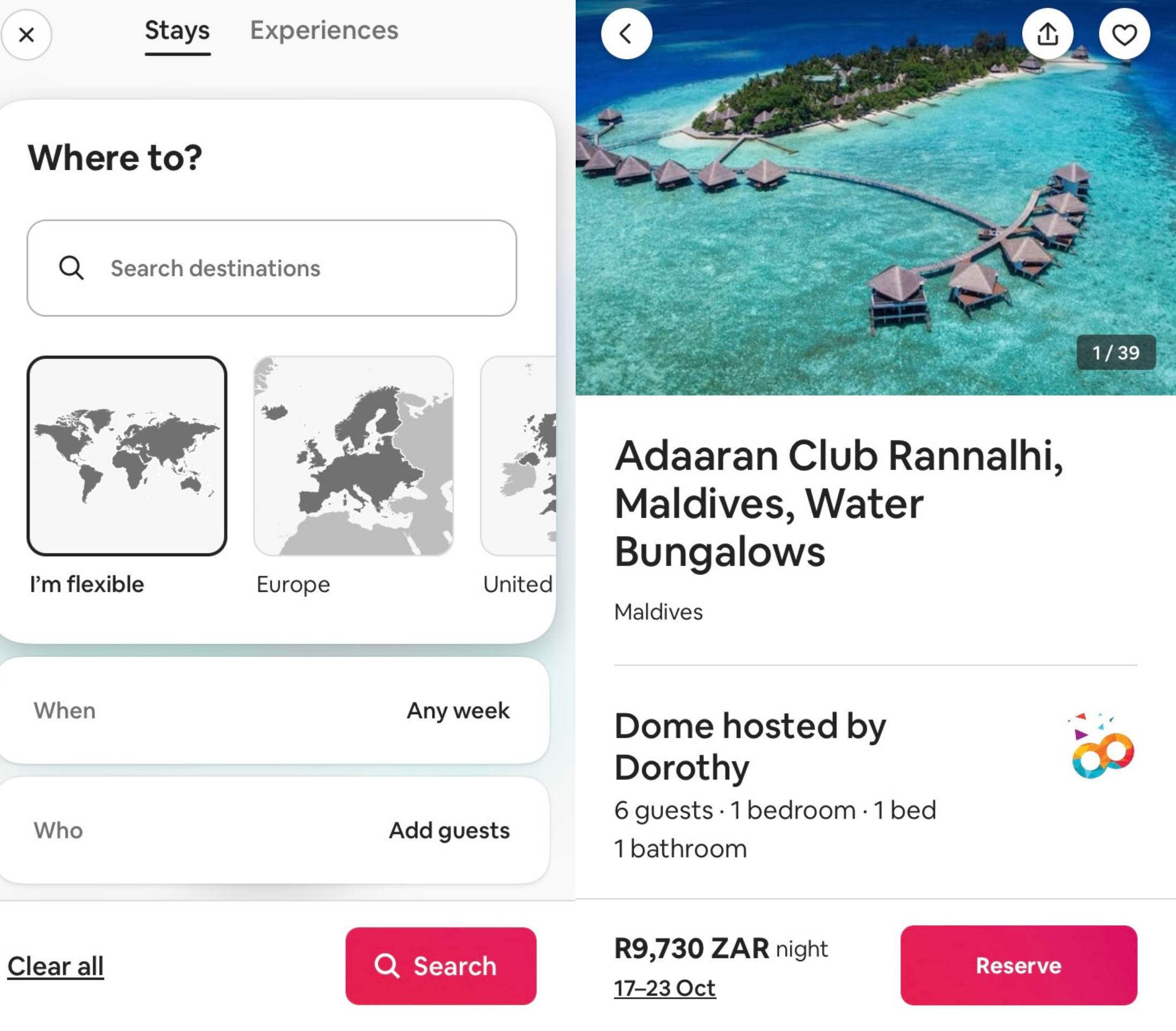 Two screenshots from the Airbnb app
